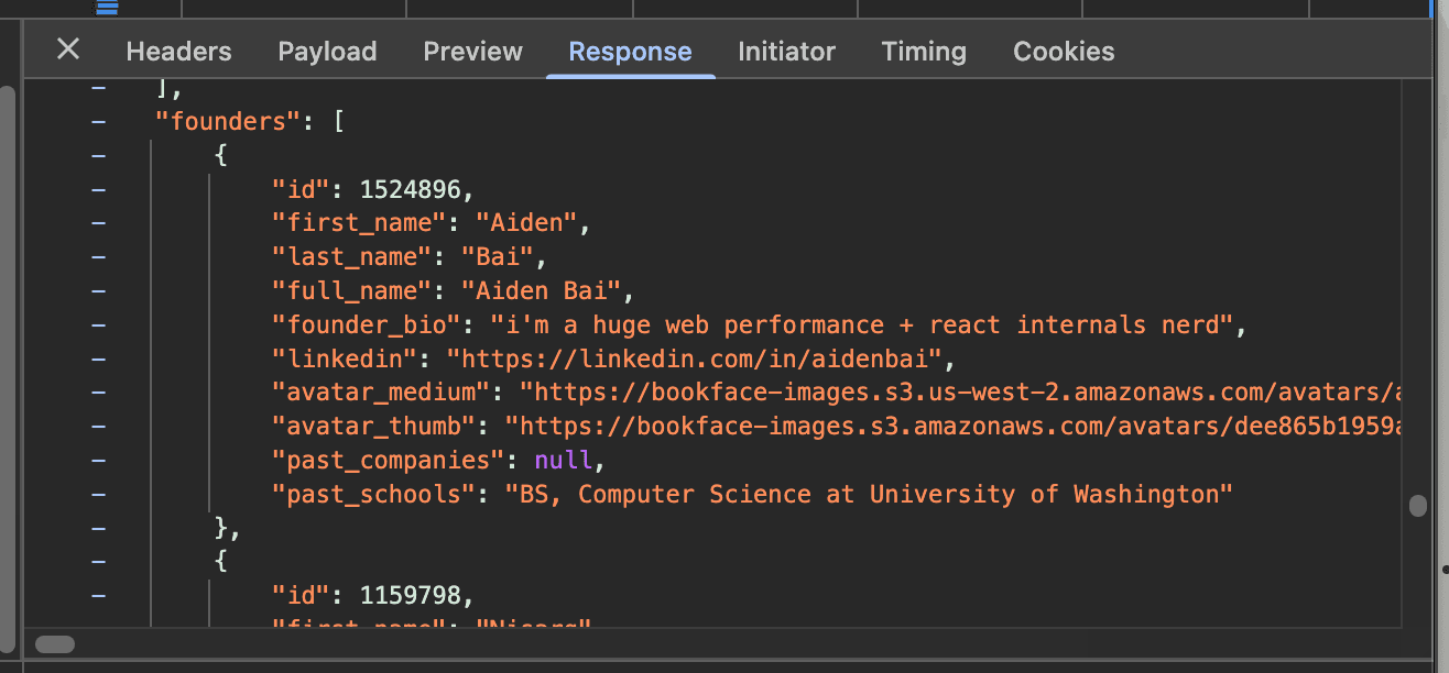 Work at a Startup company response details in Chrome DevTools