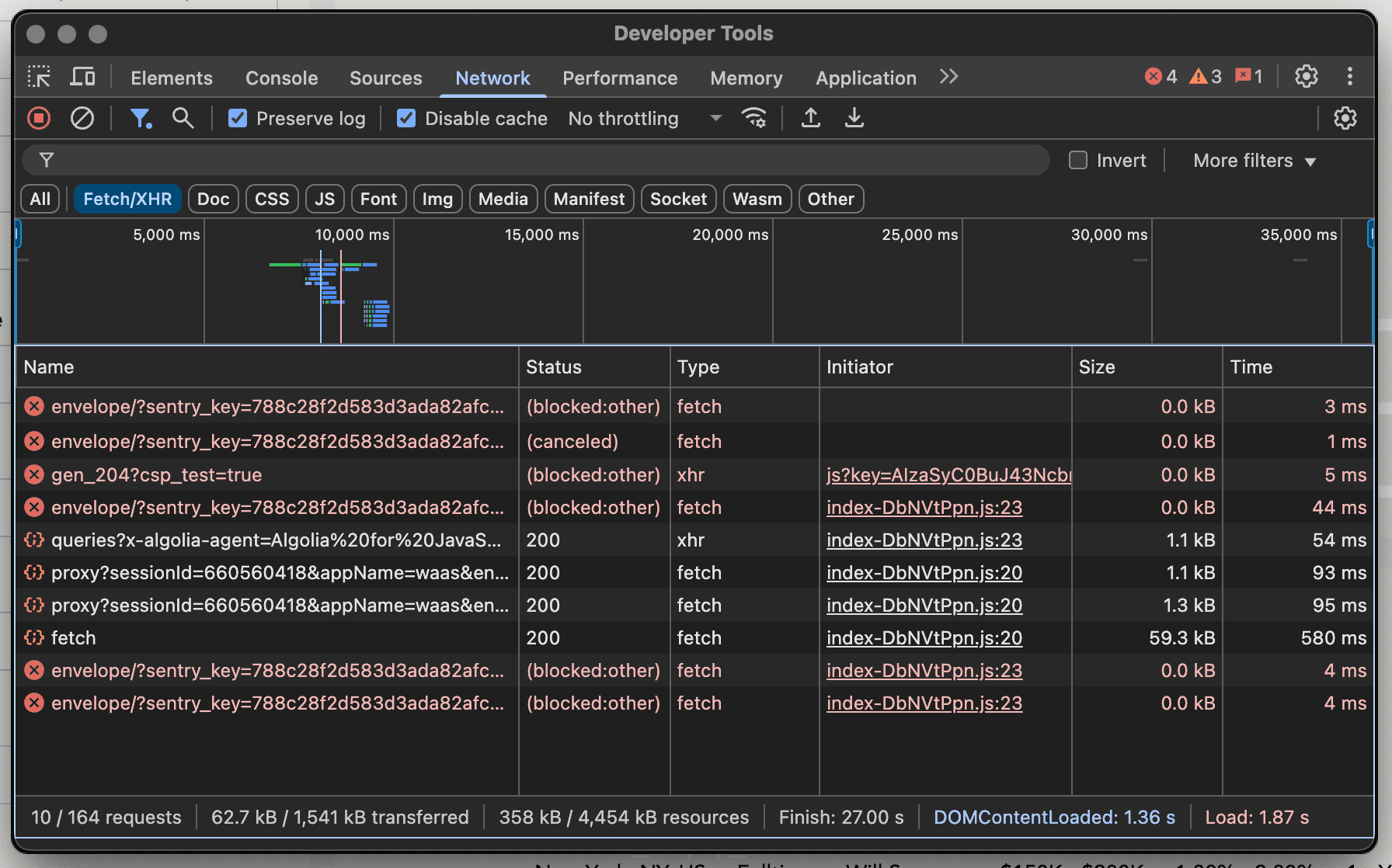 Chrome DevTools Network panel showing requests from Work at a Startup