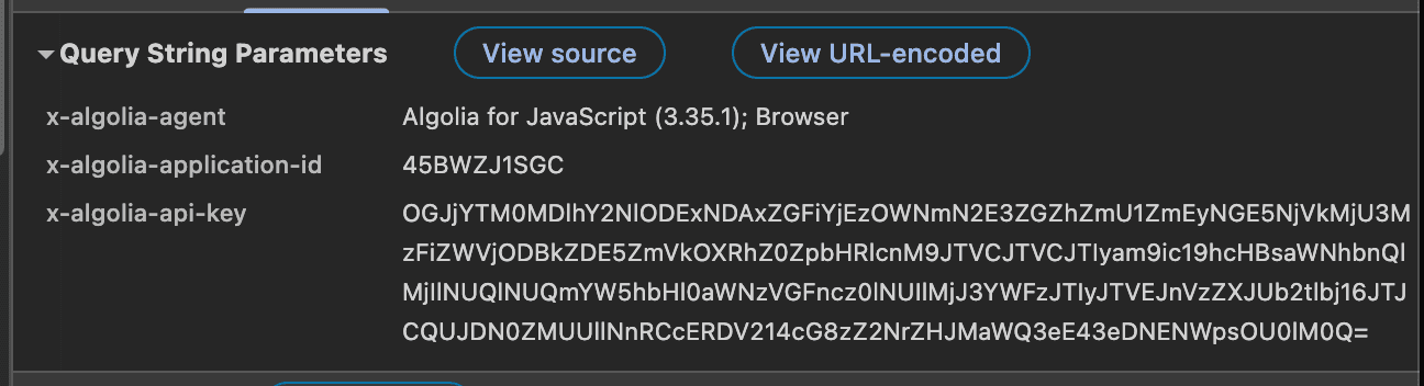 Algolia request parameters shown in Chrome DevTools